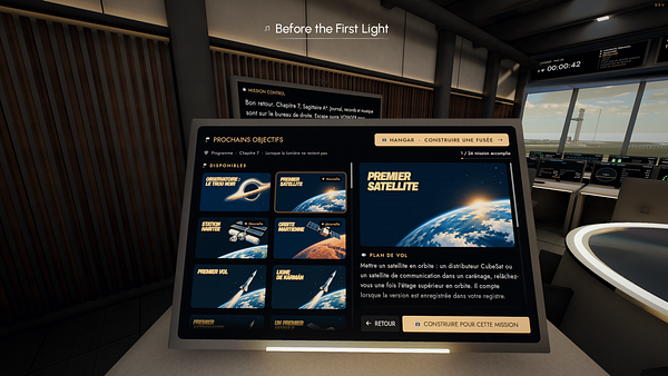A missions menu screen displayed on a tablet in a futuristic control room focused on satellite missions and rocket construction.
