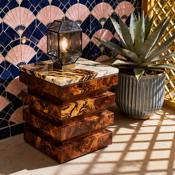 A sunlit patio vignette features a navy and blush fan-pattern tile wall behind a sculptural stepped side table in glossy burl wood, topped with a cream marble slab veined in caramel and black. A faceted black-metal lantern with a glowing bulb sits on the table, while a large agave in a ribbed blue ceramic planter stands nearby as a golden lattice casts crisscross shadows on the concrete floor.