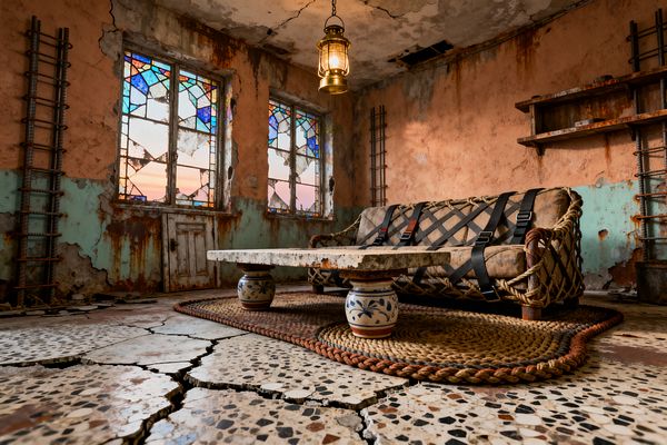 A salvaged-style living room shows cracked terrazzo floors and peeling peach and seafoam walls streaked with rust, lit by a hanging brass lantern. A rope-framed sofa strapped with black webbing faces a concrete slab coffee table propped on two hand-painted ceramic pots atop a braided jute rug, while patchwork stained-glass windows and exposed steel rebar ladders complete the post-apocalyptic setting.
