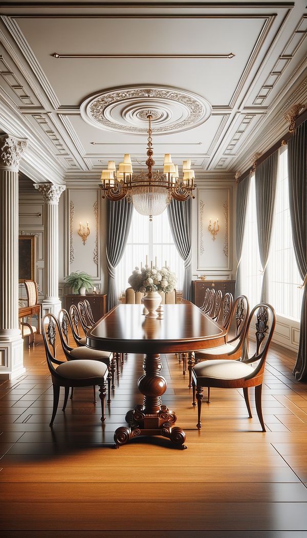 An elegant dining room featuring a Duncan Phyfe style table with finely turned legs and chairs with lyre-shaped backs, suggesting a blend of traditional and modern elements.