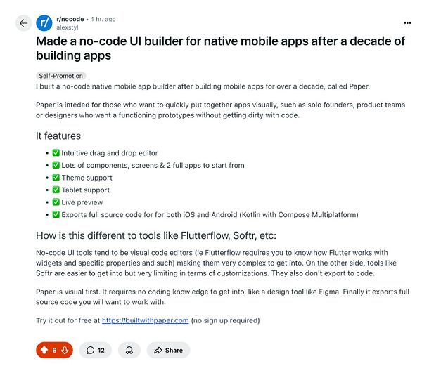 A Reddit post promoting a no-code UI builder for mobile apps called Paper.