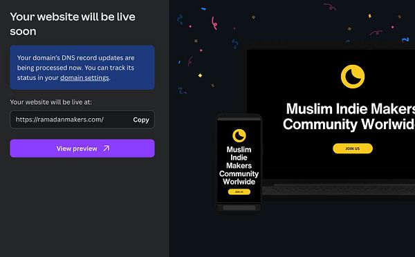 The image displays a website launch notification with a preview of the site on different devices.