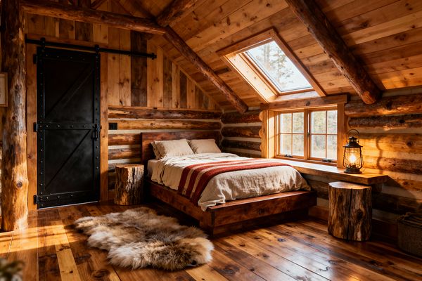 A rustic log cabin bedroom with a sloped timber ceiling and skylight above a wooden platform bed dressed in beige linen and a rust-striped wool throw. Knotty wood floors, a sheepskin rug, stump side tables, and a black sliding barn door define the space, while a lantern on a deep wood window ledge casts warm light across the honey-toned logs.