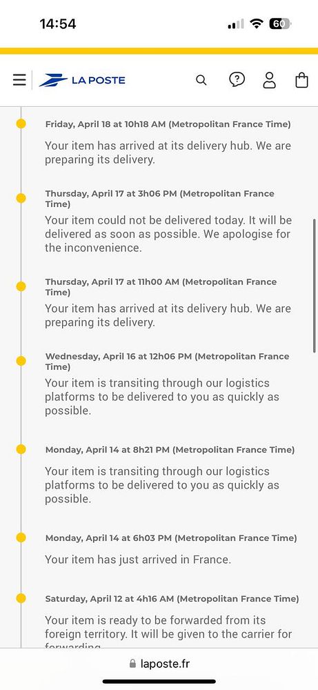 The image displays a tracking log from La Poste detailing the delivery status of a package sent to France.