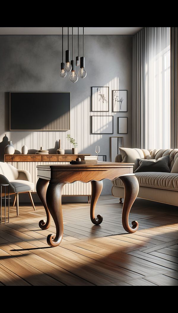 A classic wooden table with bandy legs situated in a contemporary living room setting, showcasing the unique curvature of the legs and how it complements the modern decor.