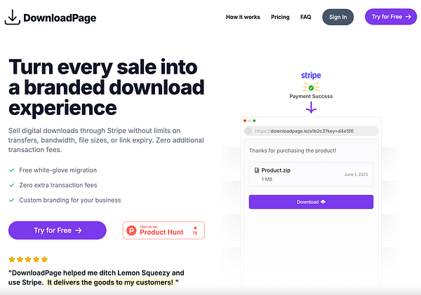 The image displays a landing page for DownloadPage, showcasing its features and a payment success notification.