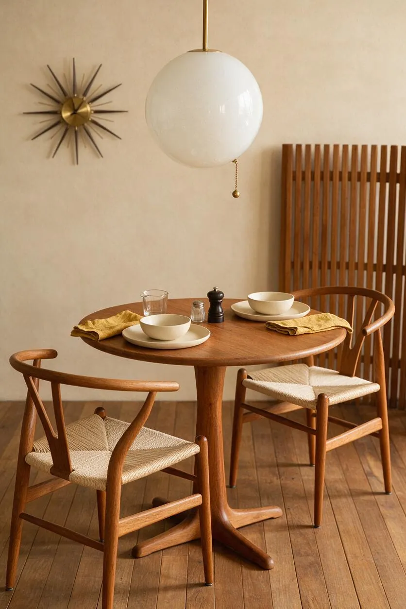 A small mid-century modern dining nook with a round walnut table, two woven-seat wooden chairs, and cream bowls set on simple plates. A white globe pendant hangs overhead, while a brass sunburst wall clock and vertical wood slat screen add vintage warmth.