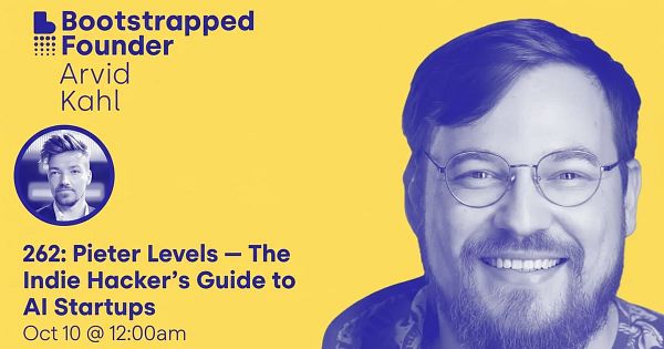 The image features promotional content for a podcast episode titled 'The Indie Hacker’s Guide to AI Startups'.