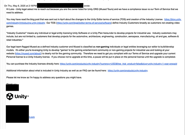 The image is an email correspondence regarding Unity's licensing terms and compliance issues for a user associated with Mused Tours.