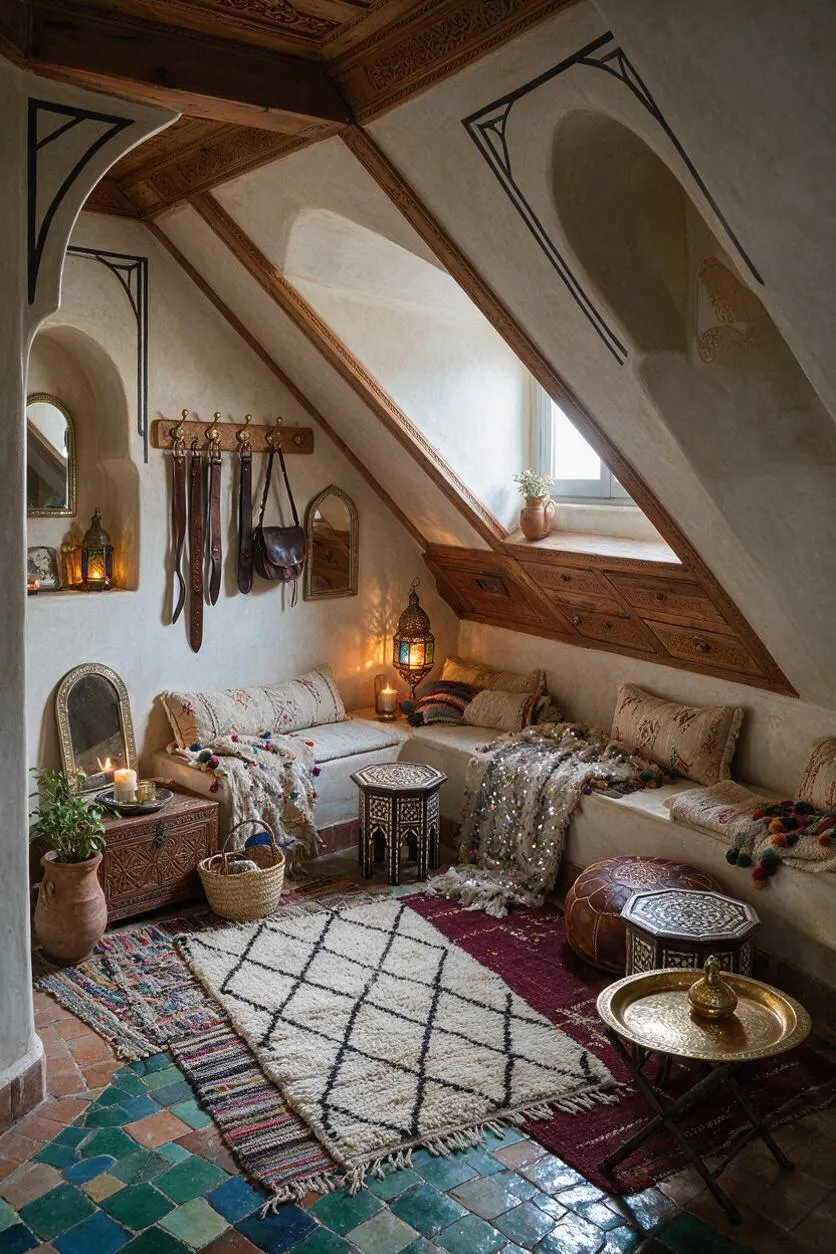 A warm Moroccan-style closet room with sloped plaster walls, carved wood trim, and built-in wooden storage beneath a window. The space includes low cushioned seating, patterned rugs, brass lanterns, mirrors, and decorative textiles in earthy neutrals with jewel-tone accents.
