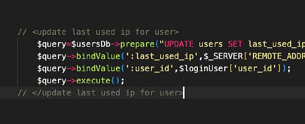 The image displays a code snippet for updating the last used IP address in a database.