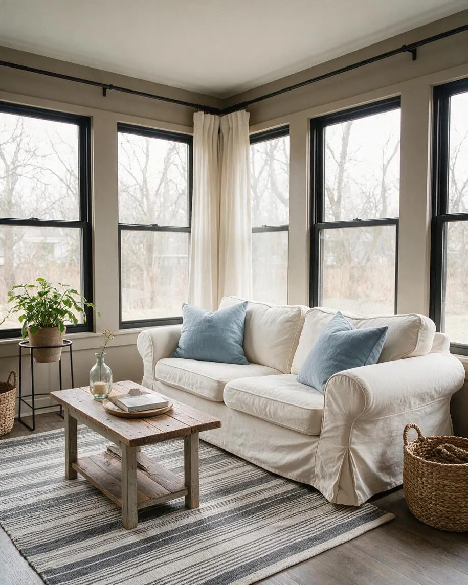 A bright farmhouse-style sunroom with large black-framed windows wrapping the corner, sheer cream curtains, and a soft white slipcovered sofa accented by pale blue pillows. A rustic wood coffee table sits on a gray striped rug, with woven baskets and a small potted plant adding warmth.