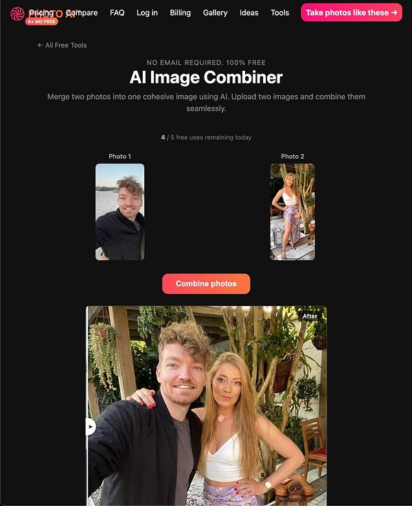 User interface of an AI-powered photo combining tool displaying an example of four images combined into one collage.