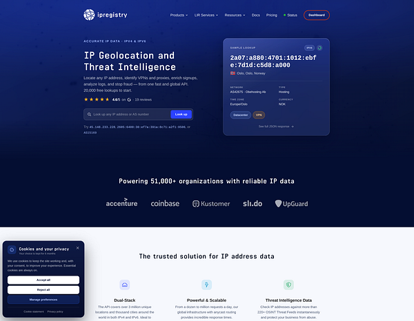 Screenshot of the Ipregistry homepage showcasing IP geolocation and threat intelligence services with a cookie consent banner at the bottom left.