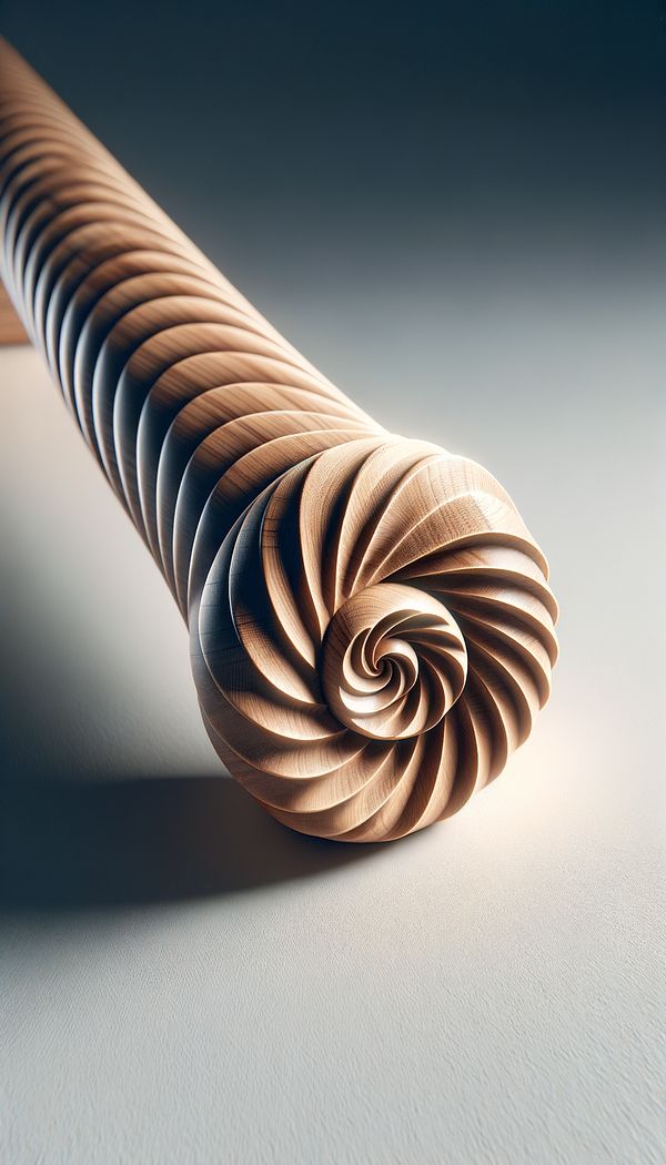 a detailed close-up of a spiral-turned wooden table leg, showcasing the intricate twisted pattern along its length
