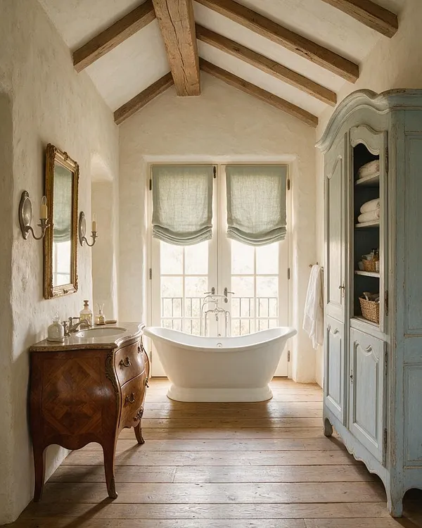 A French Country master bathroom with a freestanding white tub centered in front of French doors and sheer linen shades. Exposed wood ceiling beams, wide plank wood floors, a carved wooden vanity, and a pale blue armoire create a warm rustic feel.