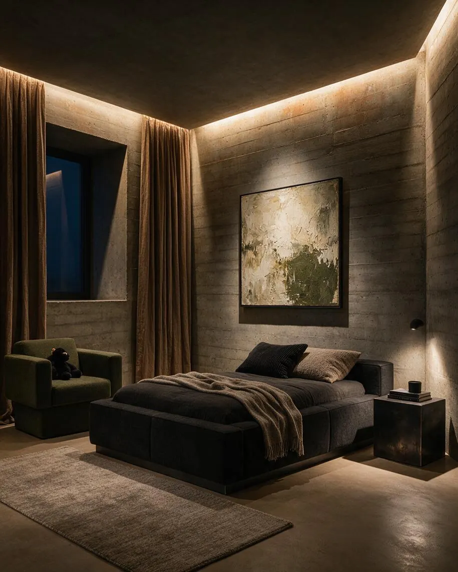 A moody kids' room with raw concrete walls and ceiling, warm cove lighting, and floor-length brown curtains around a dark window. A low black bed with layered neutral bedding sits beside a small black side table, while a deep green armchair with a teddy bear adds a child-friendly touch.