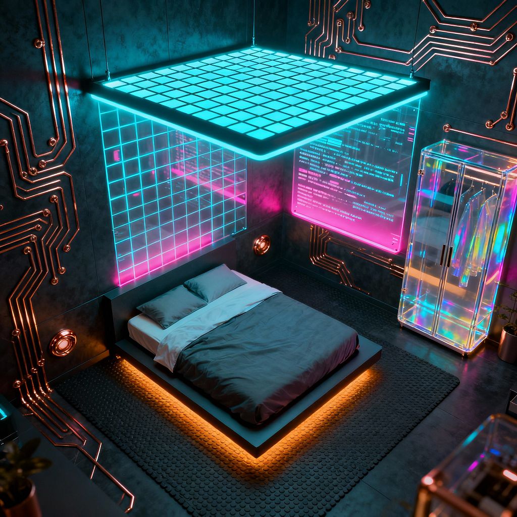 A futuristic bedroom with a low platform bed dressed in gray bedding and a warm amber light strip glowing beneath the base. Dark charcoal walls are patterned with metallic copper circuit lines, a suspended LED grid canopy and a neon cyan–magenta wall panel provide the main illumination, a transparent iridescent acrylic wardrobe stands to the right, and a black rubber dot-mat rug and round porthole sconces complete the scene.