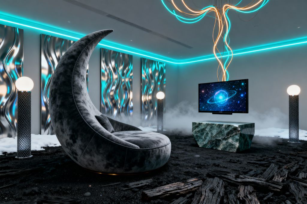 A futuristic media room features a crescent-shaped gray velvet lounge facing a wall-mounted television above a faceted green marble console. Wavy polished metal panels glow under teal LED cove lighting as looping neon tubes descend from the ceiling, globe lamps on perforated black metal columns flank the scene, and fog drifts across a black sand floor with charred wood, creating a dramatic, space-inspired atmosphere.