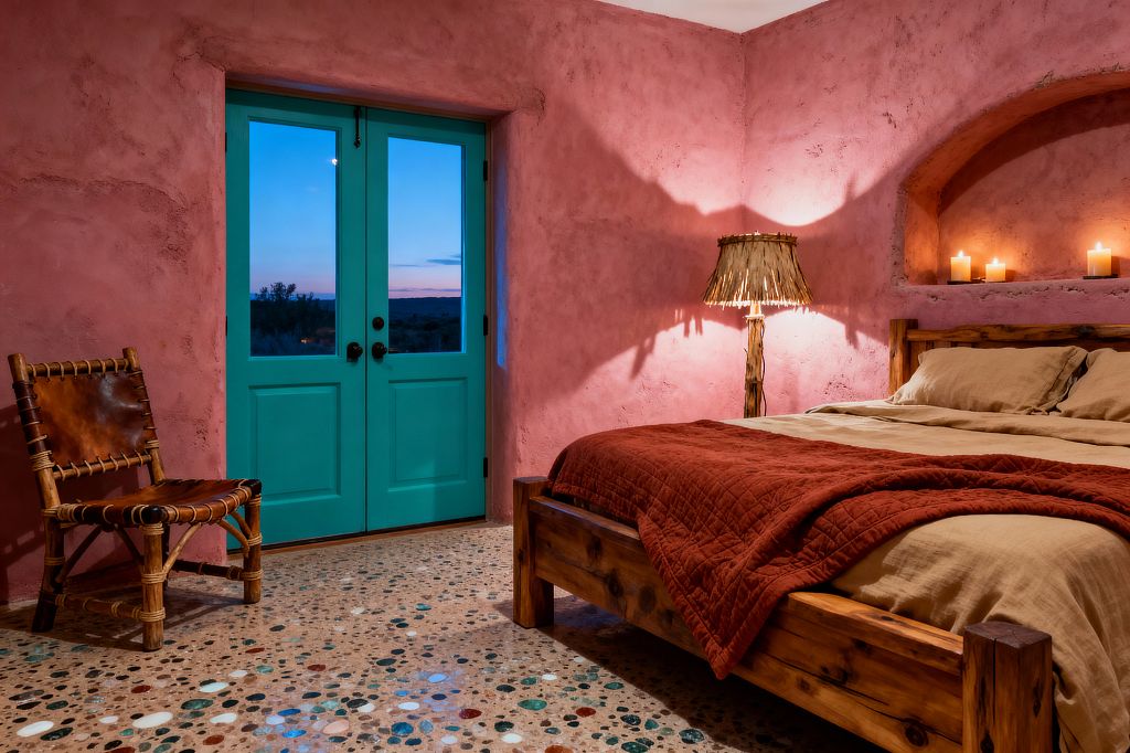 A Southwestern bedroom featuring textured pink stucco walls and bright turquoise double doors framing a sunset view. A rustic knotty-wood bed holds sand-colored linen sheets and a rust quilt, beside a reed-shaded floor lamp casting dramatic shadows. An arched wall niche glows with candles, a leather-lashed wood chair sits near the doors, and a polished concrete terrazzo floor is inlaid with colorful stones and glass.