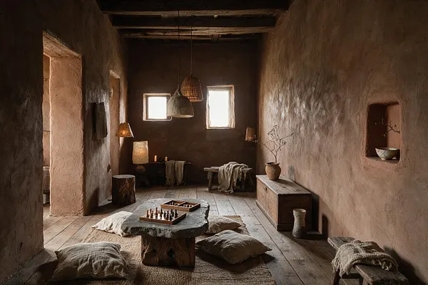 A rustic game room with clay-plastered walls, exposed wooden beams, and plank flooring. A low stone coffee table with chess pieces sits on floor cushions, while woven pendant lights, soft textiles, and handmade pottery add a quiet, earthy atmosphere.