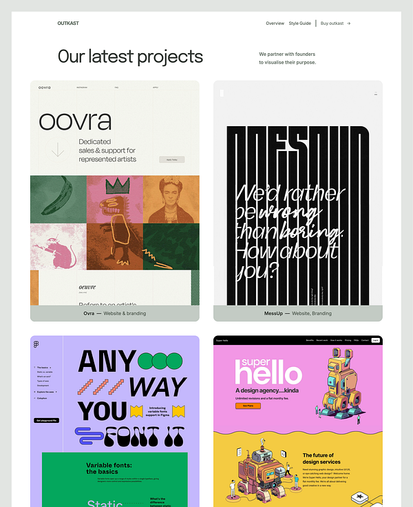 The image showcases a collection of recent design projects by Outkast, featuring various website layouts and branding elements.