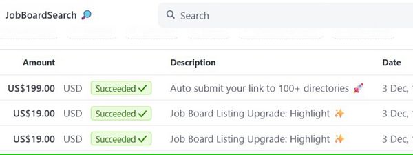 The image displays a task management interface showing completed sales for JobBoardSearch services.