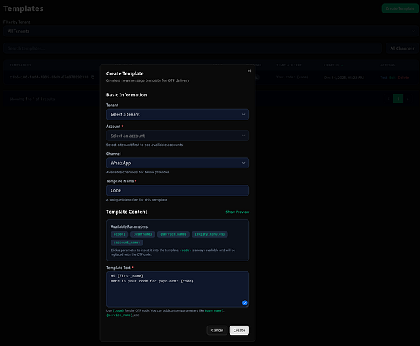 The image displays a user interface for creating a message template for OTP delivery in a SaaS application.