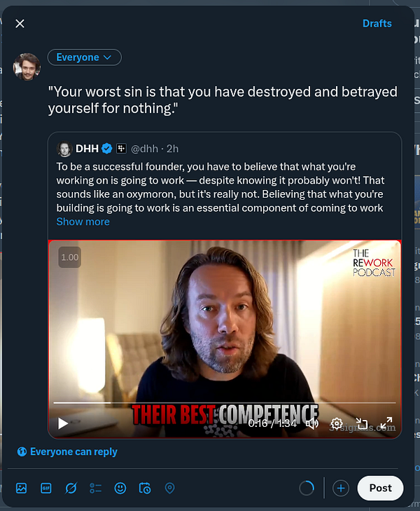 A Twitter post featuring a video of a speaker discussing the mindset of successful founders.