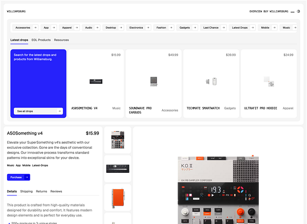 The image displays a digital interface showcasing various products under the Williamsburg theme.