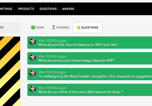 The image displays a task management interface with a focus on a 'Questions' tab and several user queries.