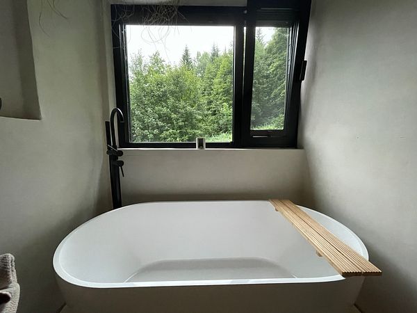 A serene bathroom scene featuring a freestanding bathtub and a large window overlooking lush greenery.