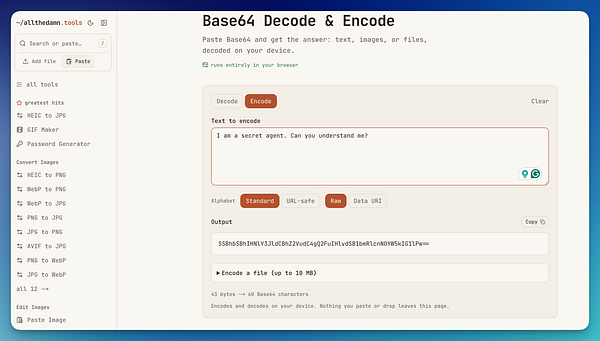 User interface of a Base64 Decode & Encode tool showing encoding of a text input.
