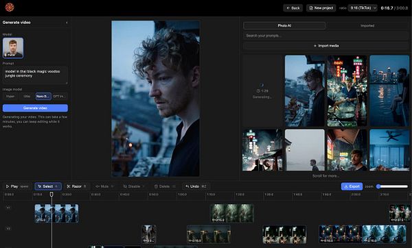 Screenshot of a video editing app with video generation feature showing AI model options and generation controls.