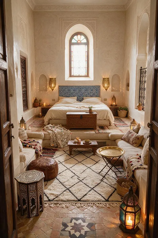 A Moroccan-style master bedroom with a tall arched window centered above a bed featuring a blue mosaic headboard. Cream plaster walls, carved architectural niches, patterned rugs, low seating, lanterns, and warm wood accents create a cozy, layered atmosphere.