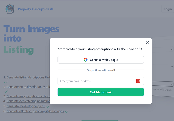 A user interface for a property description AI tool featuring a Google login prompt.