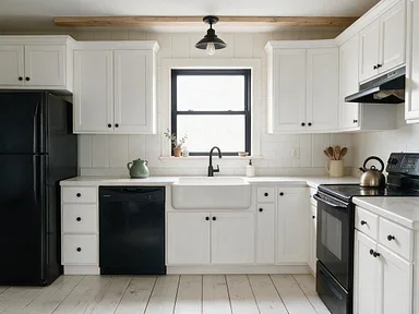 A kitchen restyled as modern farmhouse