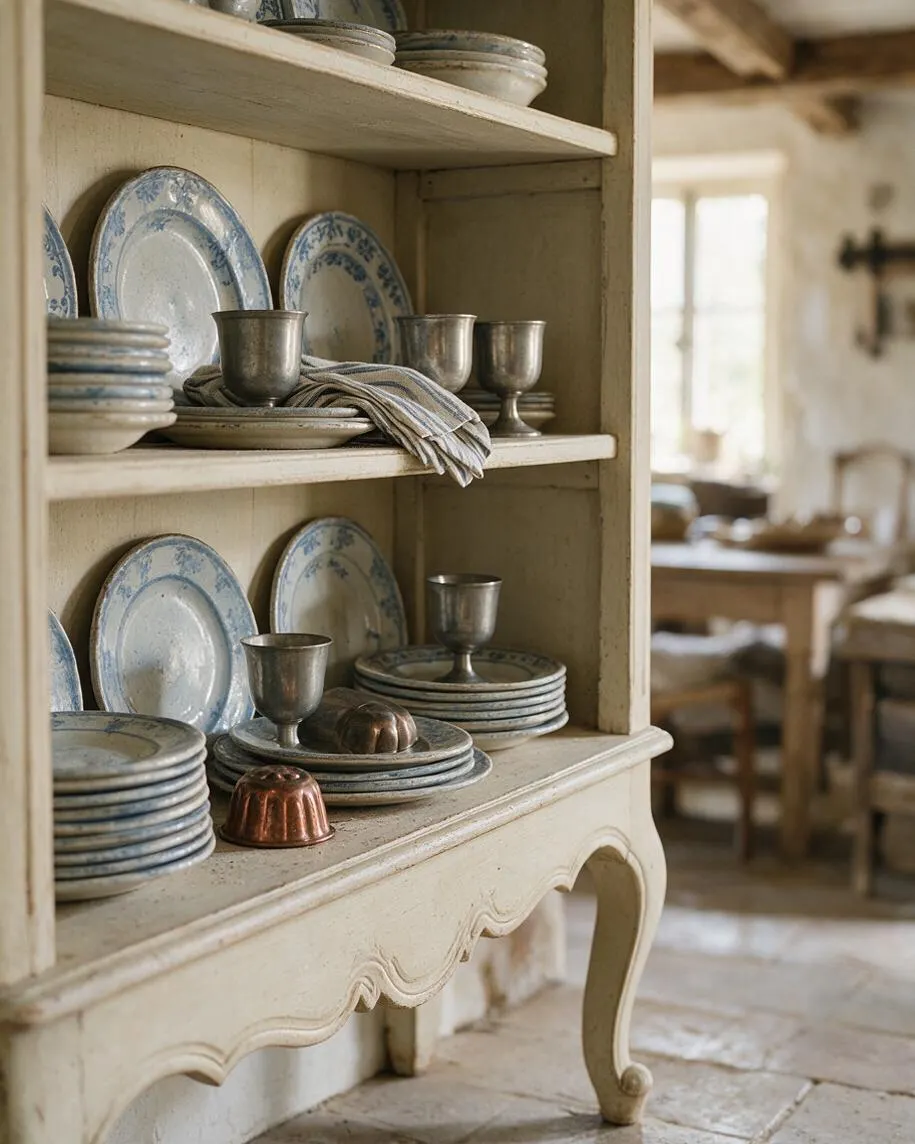 A cream-painted wooden hutch displays stacks of blue-and-white patterned plates, pewter goblets, and folded striped linen. The scene sits in a softly lit rustic room with exposed wood beams and a blurred farmhouse table in the background.