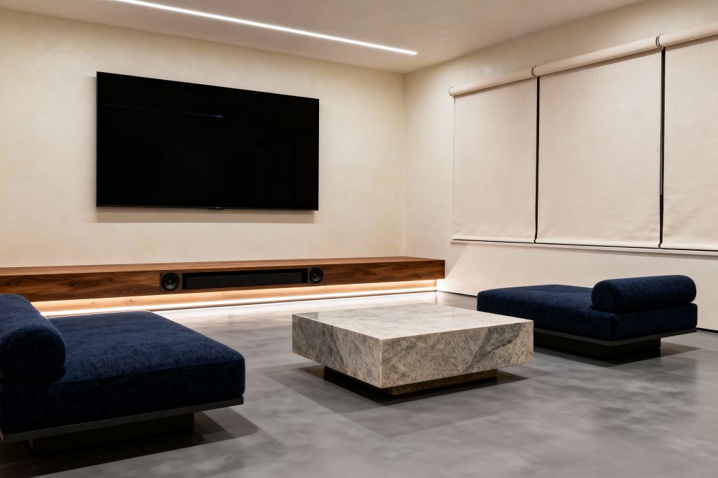 A minimalist media room features a large wall-mounted TV above a floating walnut console with built-in speakers and an LED underglow. Two low, deep navy lounge sofas with rounded bolsters face a square gray marble coffee table on a polished concrete floor. Cream plaster walls, three beige roller shades, and a slim recessed ceiling light create a quiet, uncluttered space for viewing.