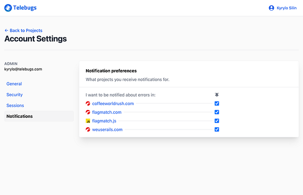 The image displays a user interface for managing notification preferences in the Telebugs application.