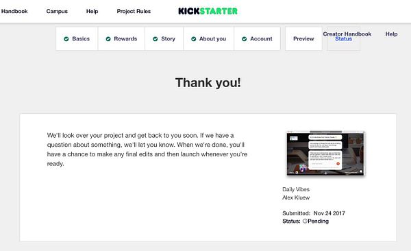 The image shows a Kickstarter project submission confirmation page.