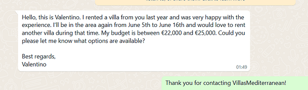 A WhatsApp conversation regarding a villa rental request.