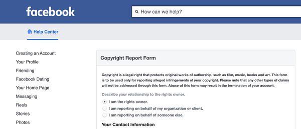 The image displays a Facebook Help Center page focused on the Copyright Report Form.