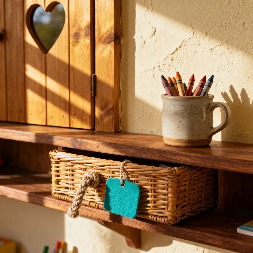 Close-up of a rustic kids’ room wall with dark-stained wooden shelves beneath a knotty pine cabinet door featuring a heart-shaped cutout. On the upper shelf sits a speckled stoneware mug filled with crayons. A woven rattan basket with a thick rope pull and teal felt tag slides into the lower shelf. Warm afternoon light casts soft shadows across a lightly textured cream plaster wall.