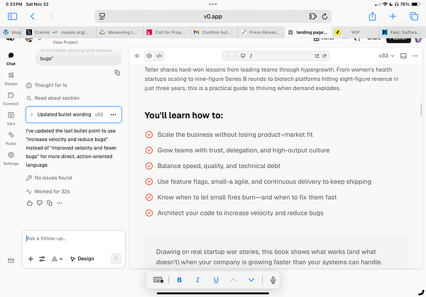 The image displays a digital document interface with a list of learning objectives related to a book on startup growth strategies.