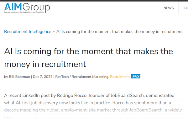 The image displays an article from AIM Group discussing the impact of AI on recruitment.