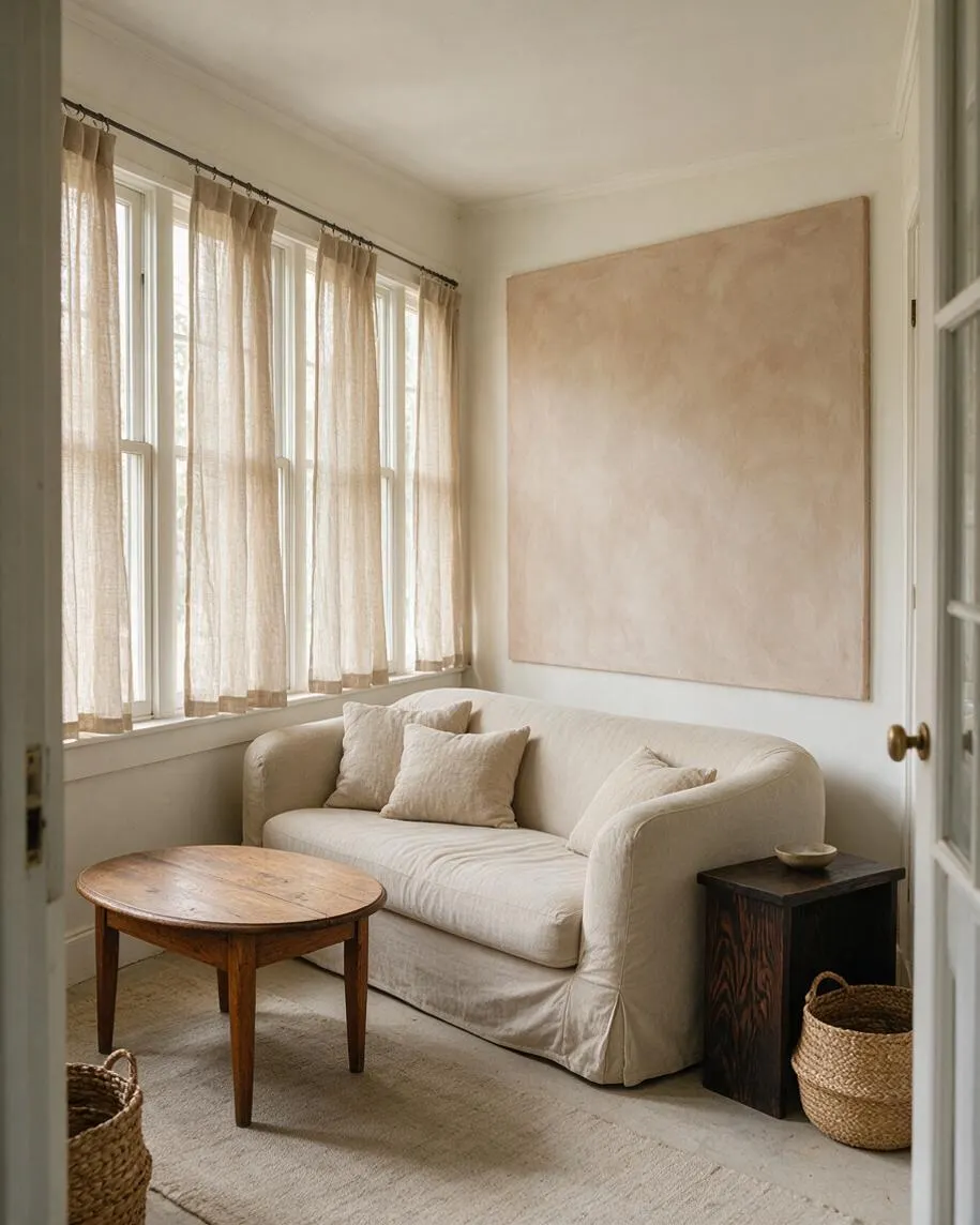 A serene sunroom with tall windows dressed in sheer beige curtains, a cream slipcovered sofa with neutral pillows, and a round wood coffee table. A large blush-toned artwork hangs on the wall, while a dark wood side table and woven baskets add organic texture.
