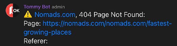 A notification from Tommy Bot indicating a 404 error for a specific URL on Nomads.com.