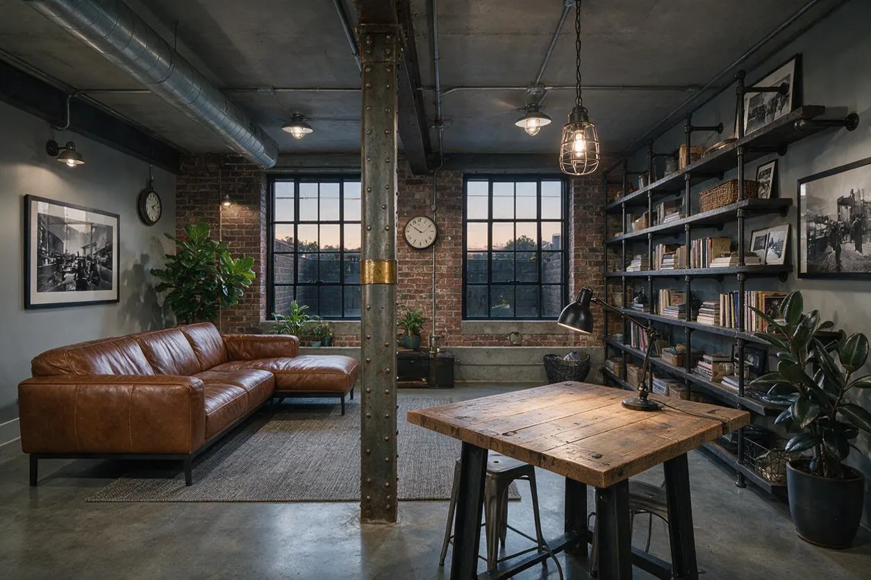 An industrial basement living space with exposed brick walls, a concrete floor, and a central steel support column. The room includes a brown leather sectional, a rustic wood table with black metal legs, tall grid windows, wall-mounted shelving, and black metal light fixtures.
