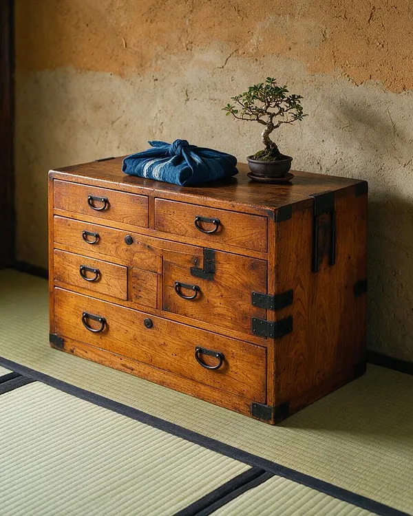 A low, rustic wooden chest with multiple drawers and black metal hardware sits on tatami mats against a textured earth-toned wall. A folded indigo cloth and a small bonsai in a shallow pot rest on top, creating a calm Japanese Zen display.